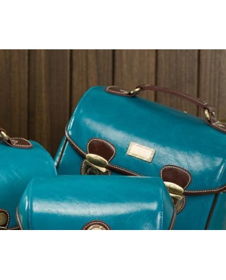 Retro DSLR Leather Shoulder Bag with Detatchable Strap - Blue