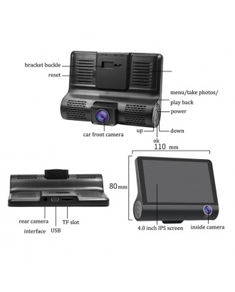1080P HD 4" Dual 3 Camera Lens Car DVR Rearview Video Dash Cam Recorder Camera G-sensor