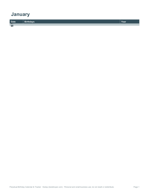 Preview of the first page of Perpetual birthday calendar (PDF, DOCX)