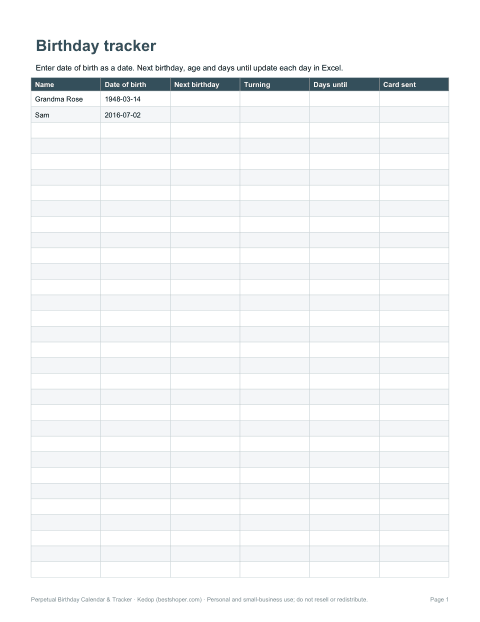 Preview of the first page of Birthday tracker (XLSX)