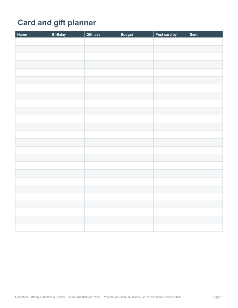 Preview of the first page of Card & gift planner